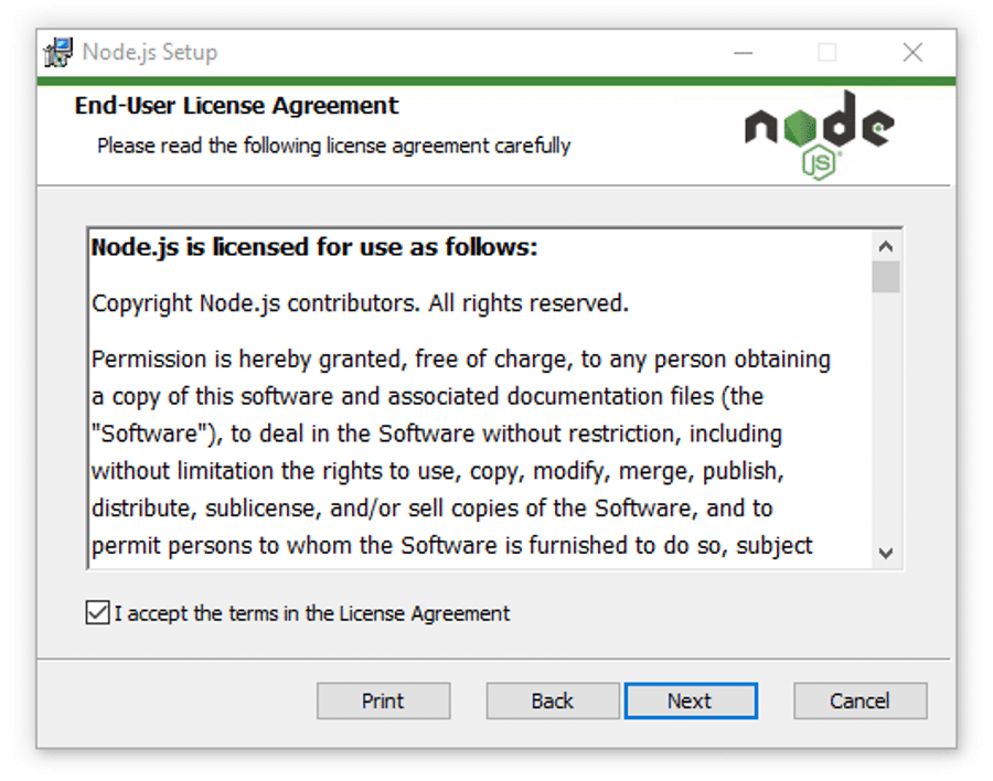 Node.jsライセンス契約に同意します。