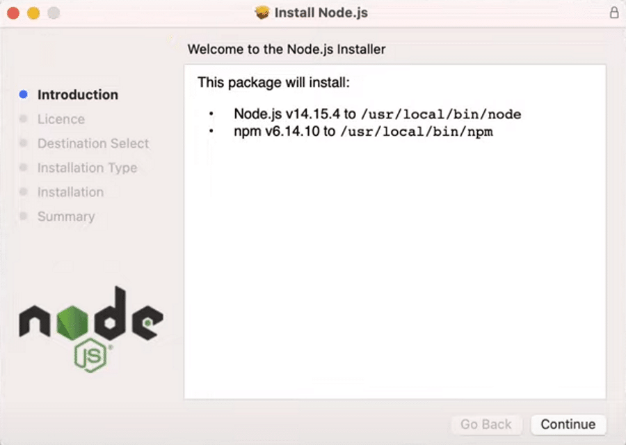 Node.jsmacOSのインストールプロパティを確認します。