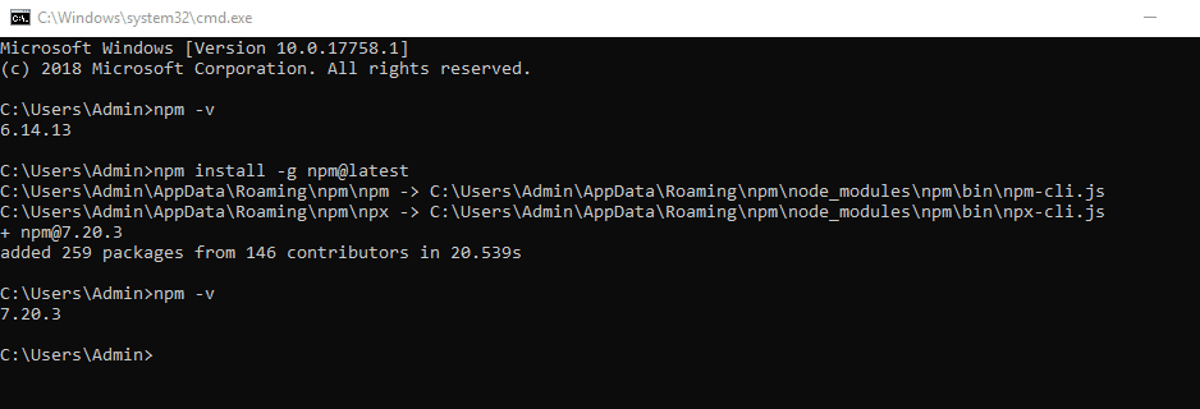 Windowsでnpmバージョンを更新しています。