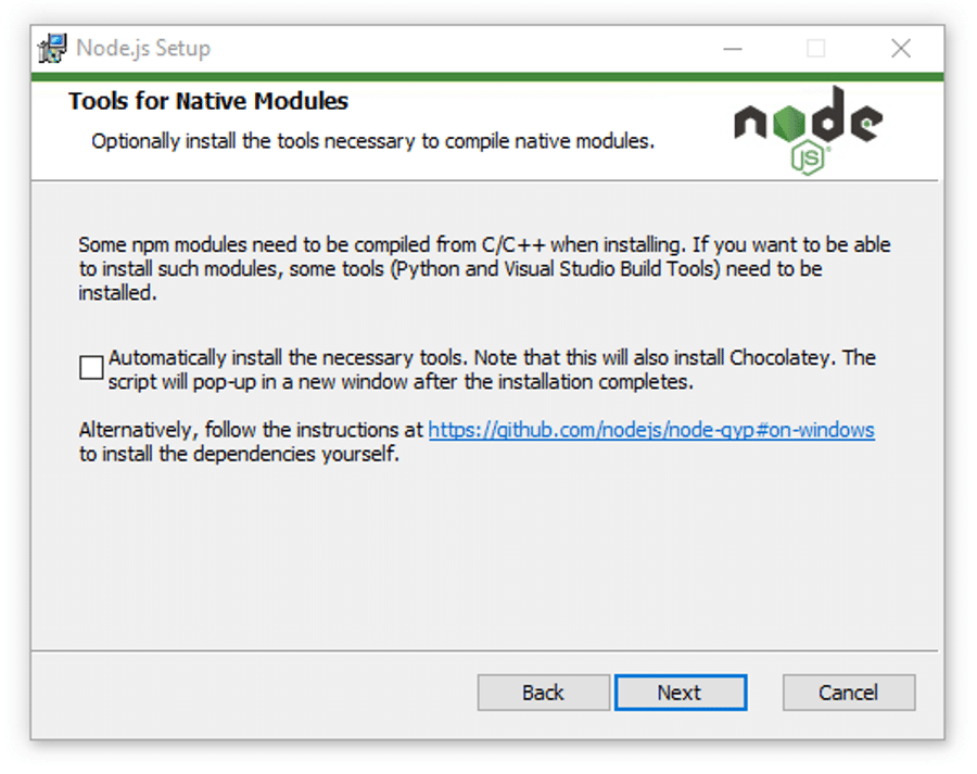 None.jsにネイティブモジュール用のツールをインストールします。