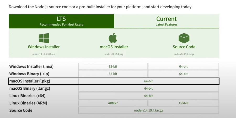 Node.jsmacOSインストーラーをダウンロードします。