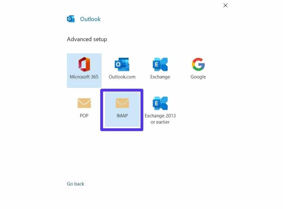 OutlookでIMAPのオプションを選択します。