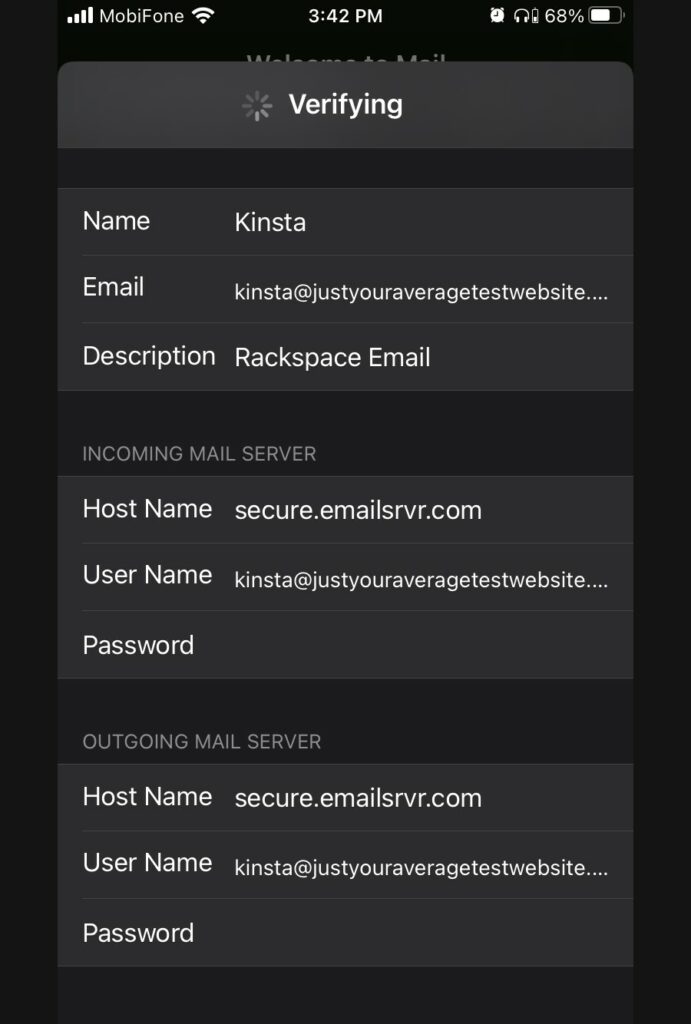 RackspaceIMAPおよびSMTPの詳細を入力します。