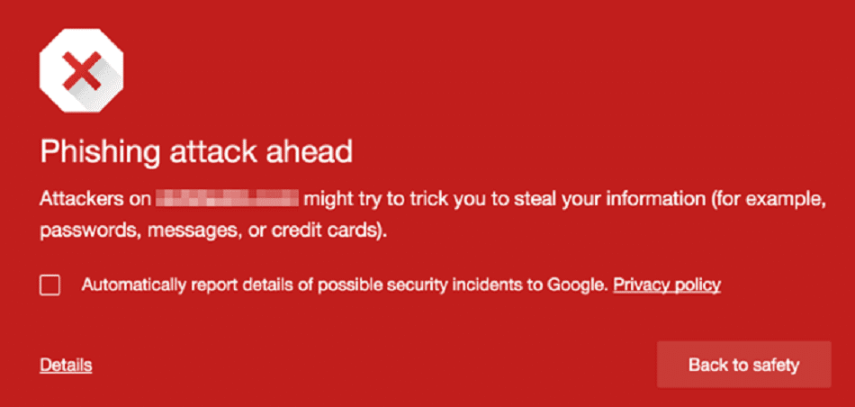 Tanda peringatan phishing Google, menunjukkan