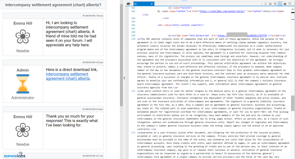 Contoh Gootloader di forum, termasuk potongan kode asing dan tautan langsung ke penipuan phishing yang jelas.