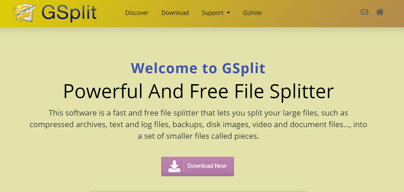 الصفحة الرئيسية لـ GSplit ، تعرض النص "مرحبًا بك في GSplit: فاصل ملفات قوي ومجاني."