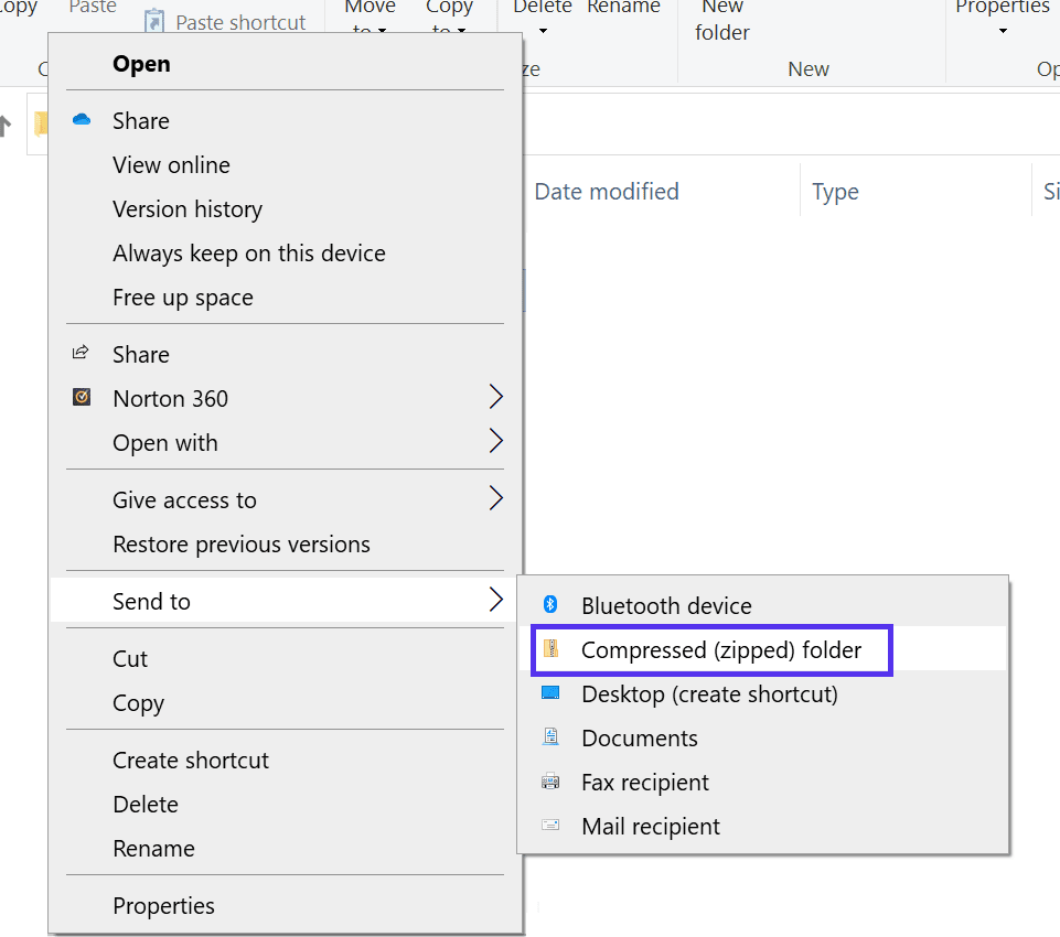 لقطة شاشة لقائمة النقر بزر الماوس الأيمن في Windows Explorer أسفل
