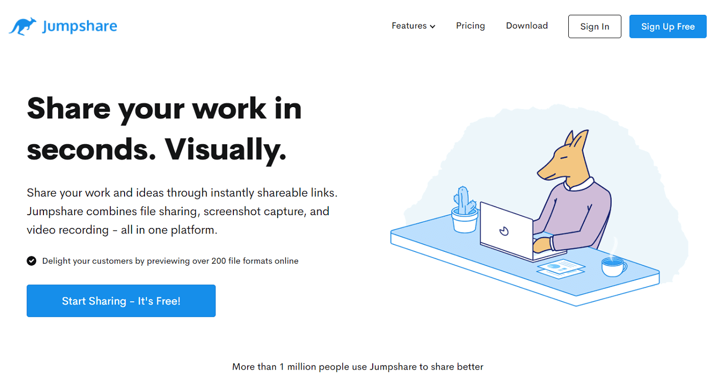 الصفحة الرئيسية لـ Jumpshare ، تعرض النص "شارك عملك في ثوانٍ. بصريًا."