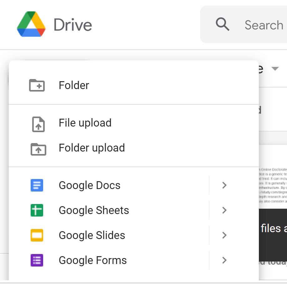 لقطة شاشة لقائمة "جديد" في Google Drive ، بما في ذلك خيارات مثل "مجلد" و "تحميل ملف" و "تحميل مجلد".