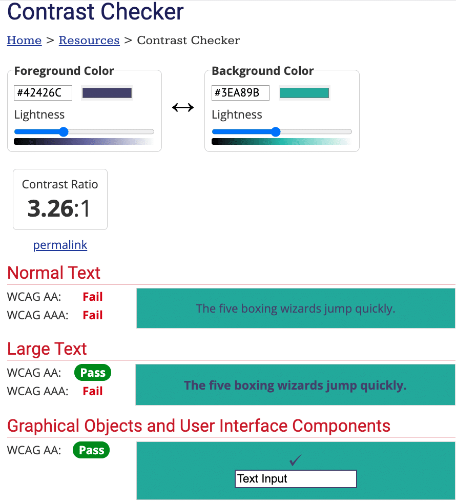 عرض توضيحي لأداة WebAIM Contrast Checker.