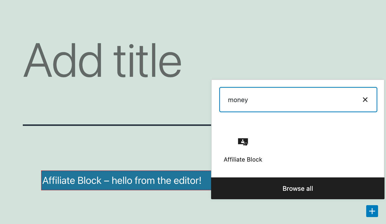 Searching for a block using a keyword in the quick inserter.