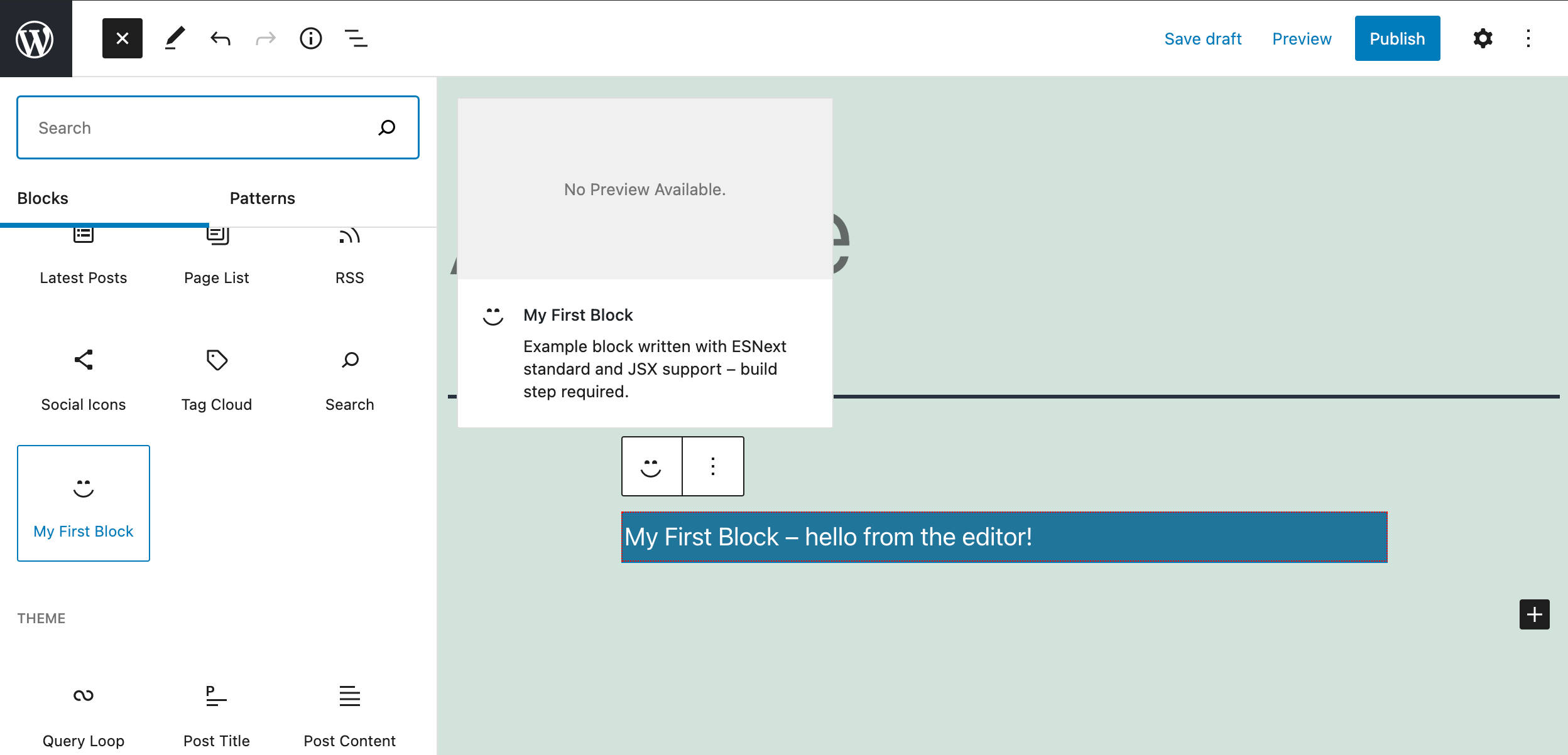 مثال على كتلة تم إنشاؤها باستخدام @ wordpress / create-block.