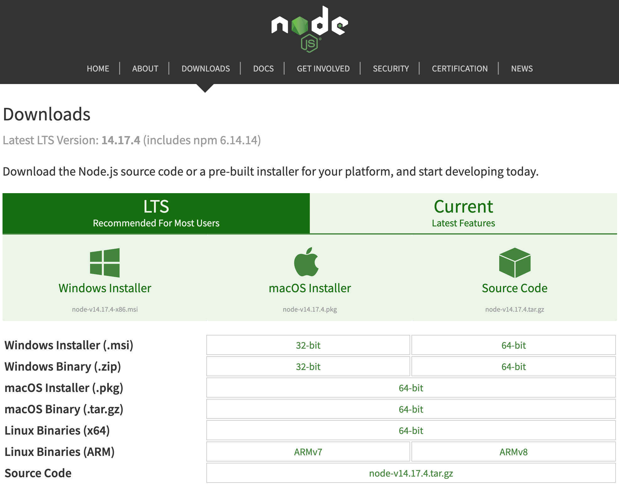 صفحة التنزيلات Node.js.