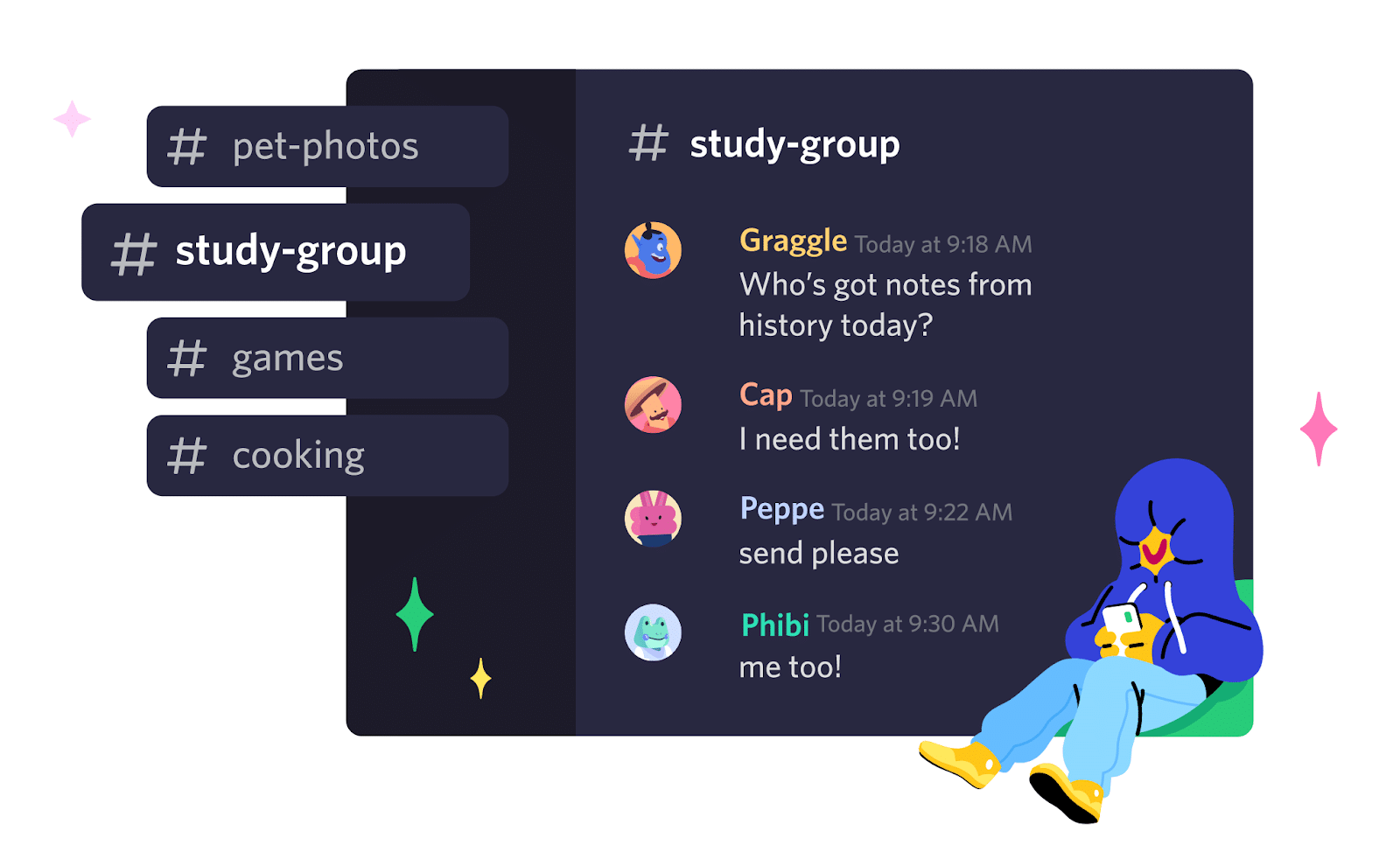 Un exemplu de captură de ecran a Discord la locul de muncă, care arată o conversație între mai multe persoane dintr-un grup.