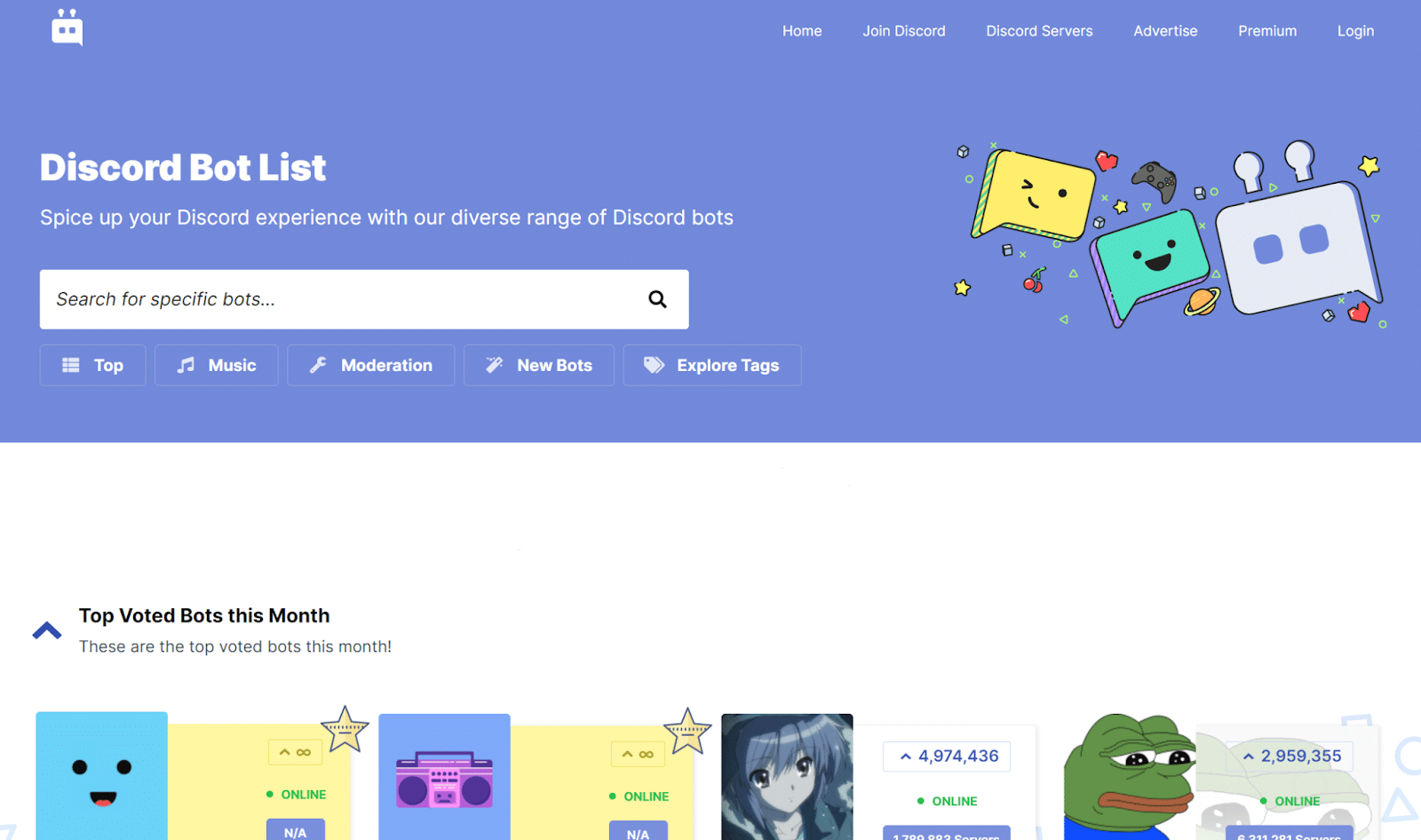 O captură de ecran a bazei de date a botului Discord care poate fi căutat pe site-ul lor.