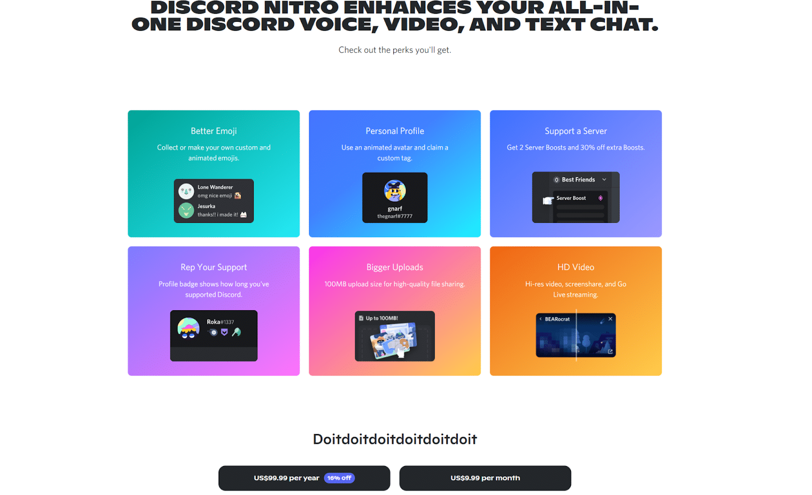 O captură de ecran a paginii de pornire a Discord Nitro cu titlul