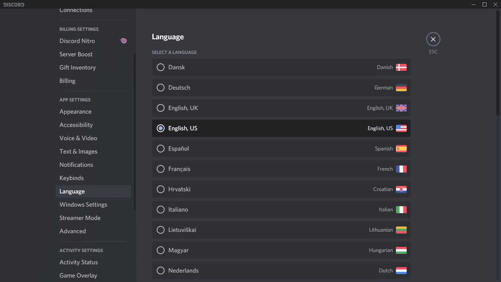 O captură de ecran a setărilor de limbă ale Discord.