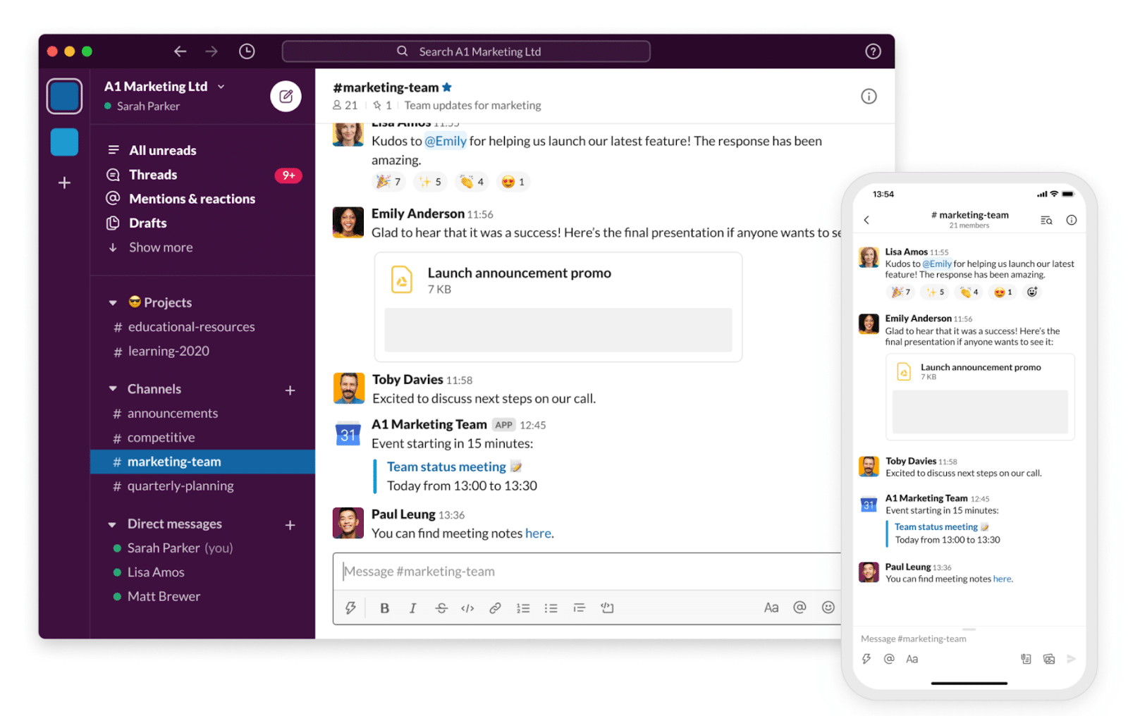 O captură de ecran cu Slack messenger în acțiune pe desktop și pe mobil.