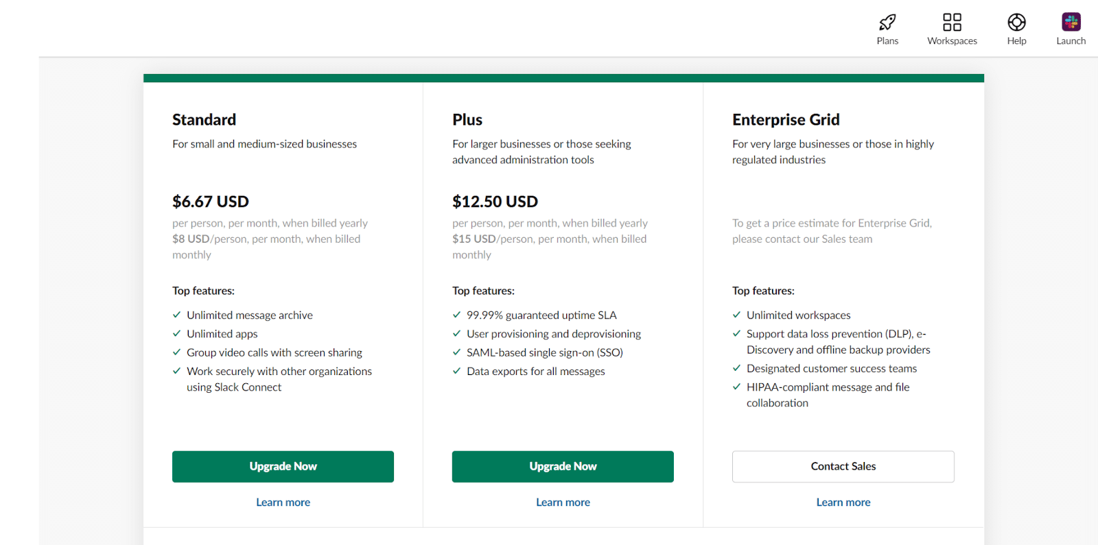 O captură de ecran a opțiunilor de preț pentru planul plătit Slack pe site-ul lor.
