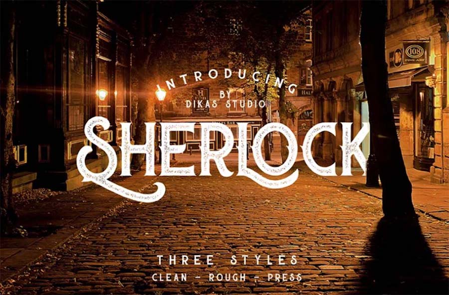 Sherlock Press, eine Schriftart mit drei Stilen .