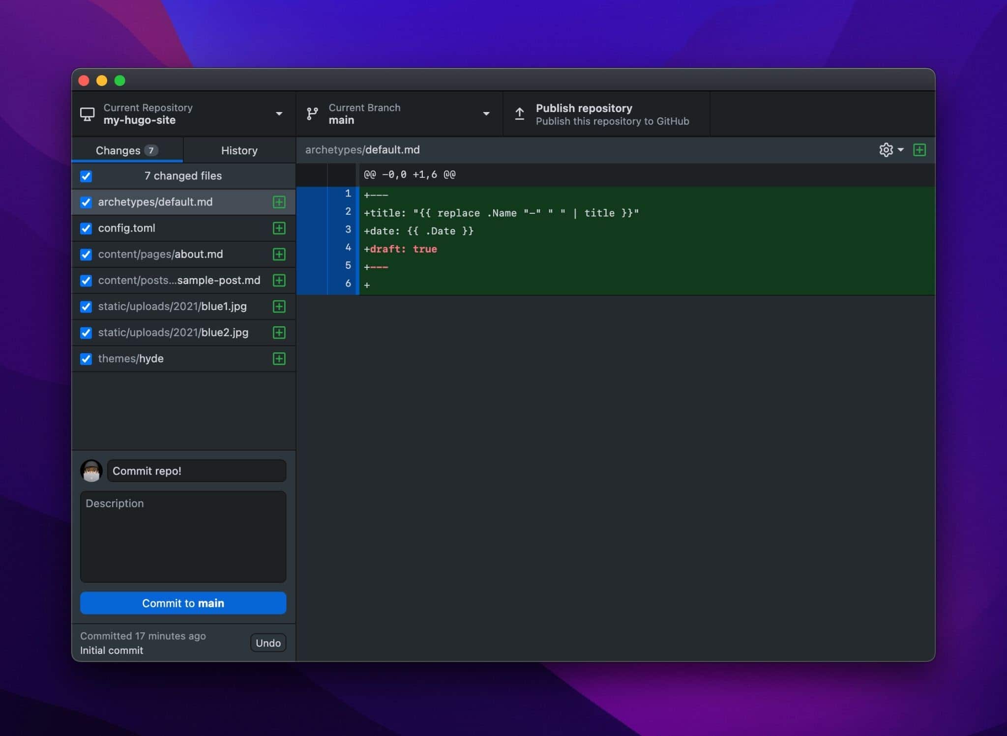 Committen Sie das Repo und laden Sie es auf GitHub hoch.