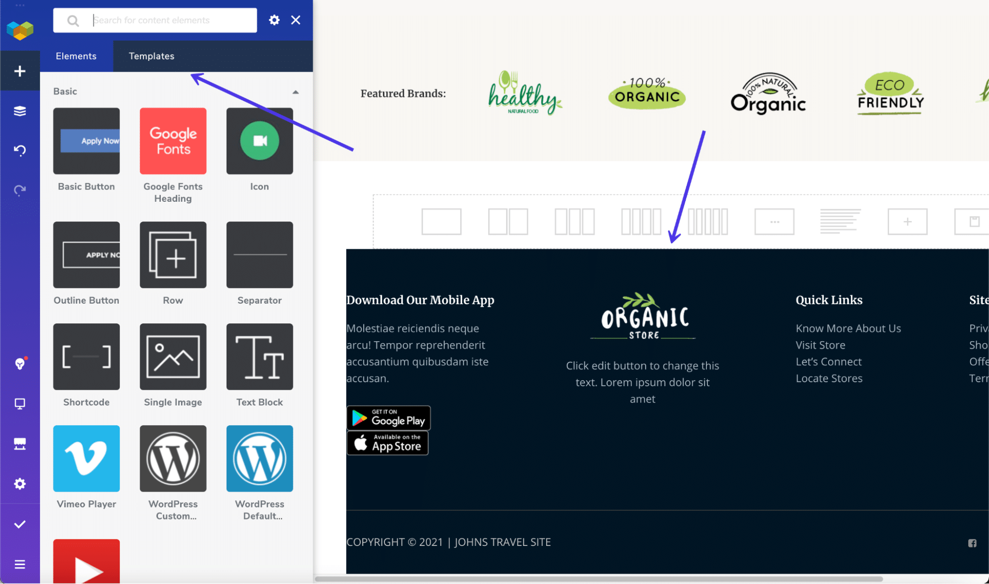 ส่วนท้ายที่สร้างไว้ล่วงหน้าที่มาพร้อมกับเทมเพลต Visual Composer ตัวใดตัวหนึ่ง