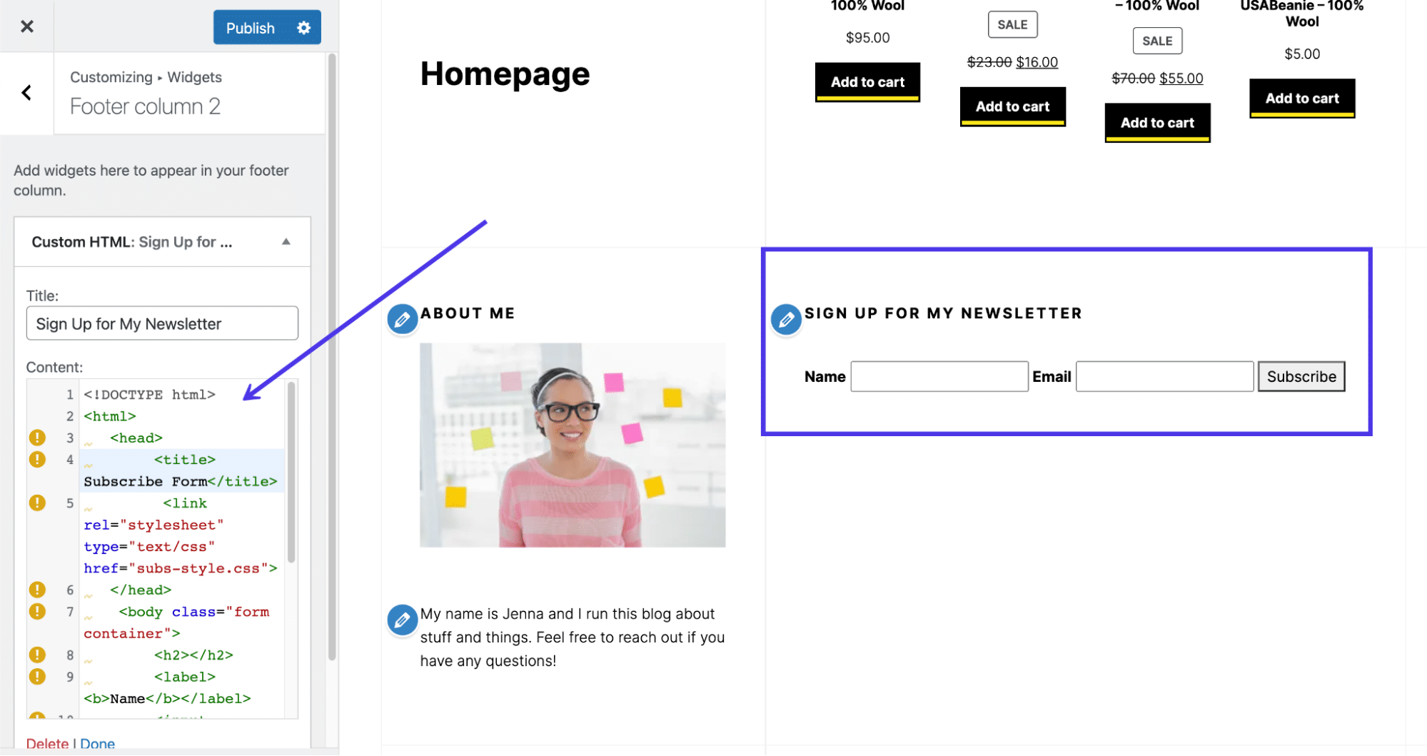 วางโค้ด HTML ลงในวิดเจ็ต