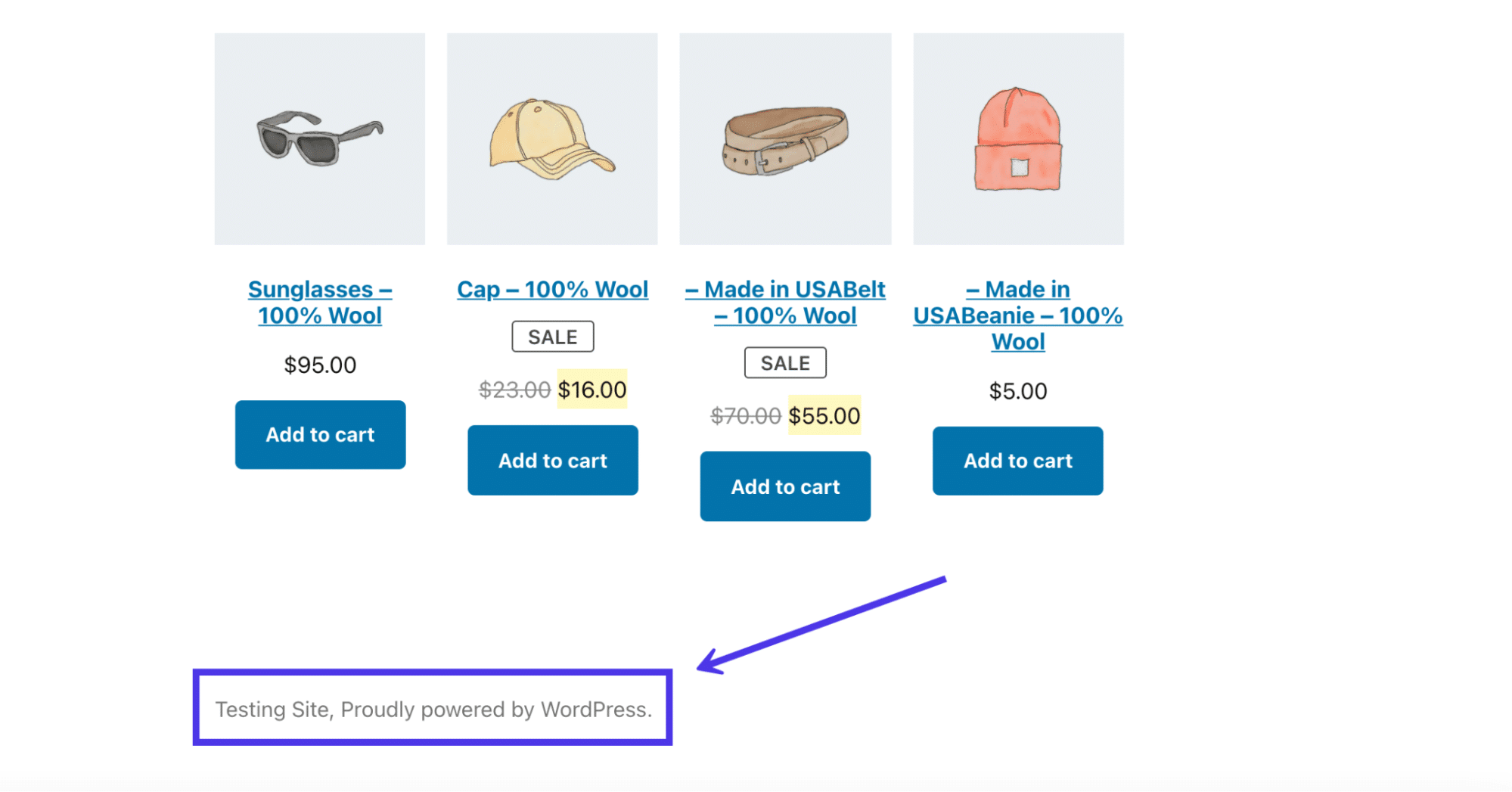 เครดิต "ขับเคลื่อนโดย WordPress" ในส่วนท้ายของเว็บไซต์