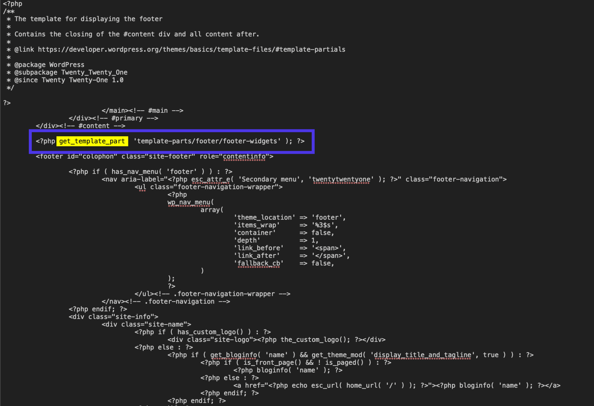 ไฟล์ footer.php ที่เปิดอยู่