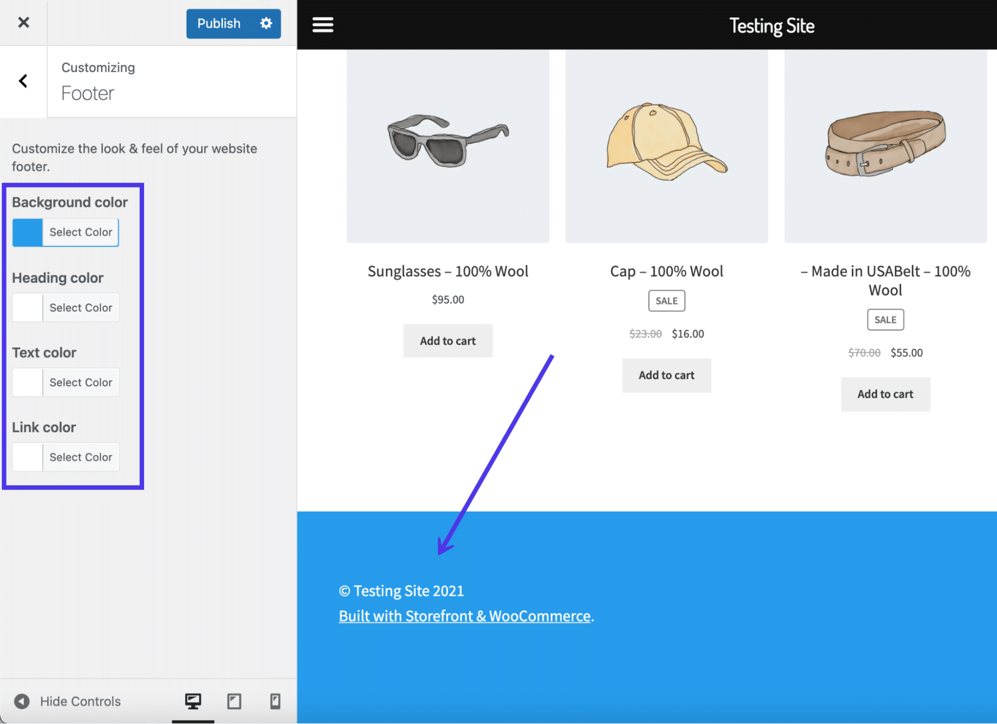 พื้นหลังและสีข้อความใหม่ในส่วนท้ายของ WordPress