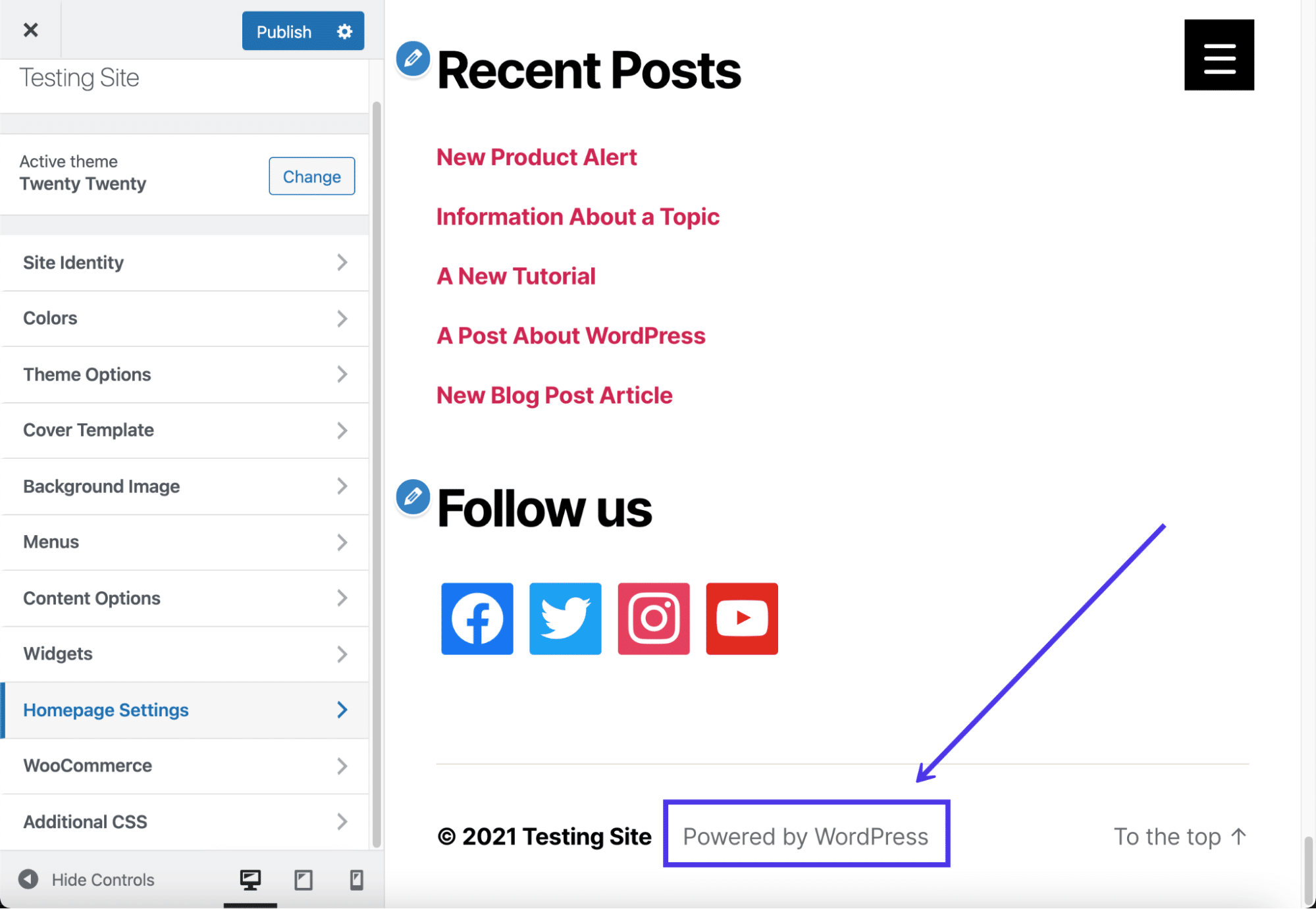ตัวอย่างของข้อความ "ขับเคลื่อนโดย WordPress"
