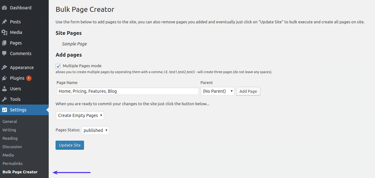 Screenshot mit den Optionen des Bulk Page Creator-Plugins im WordPress-Dashboard