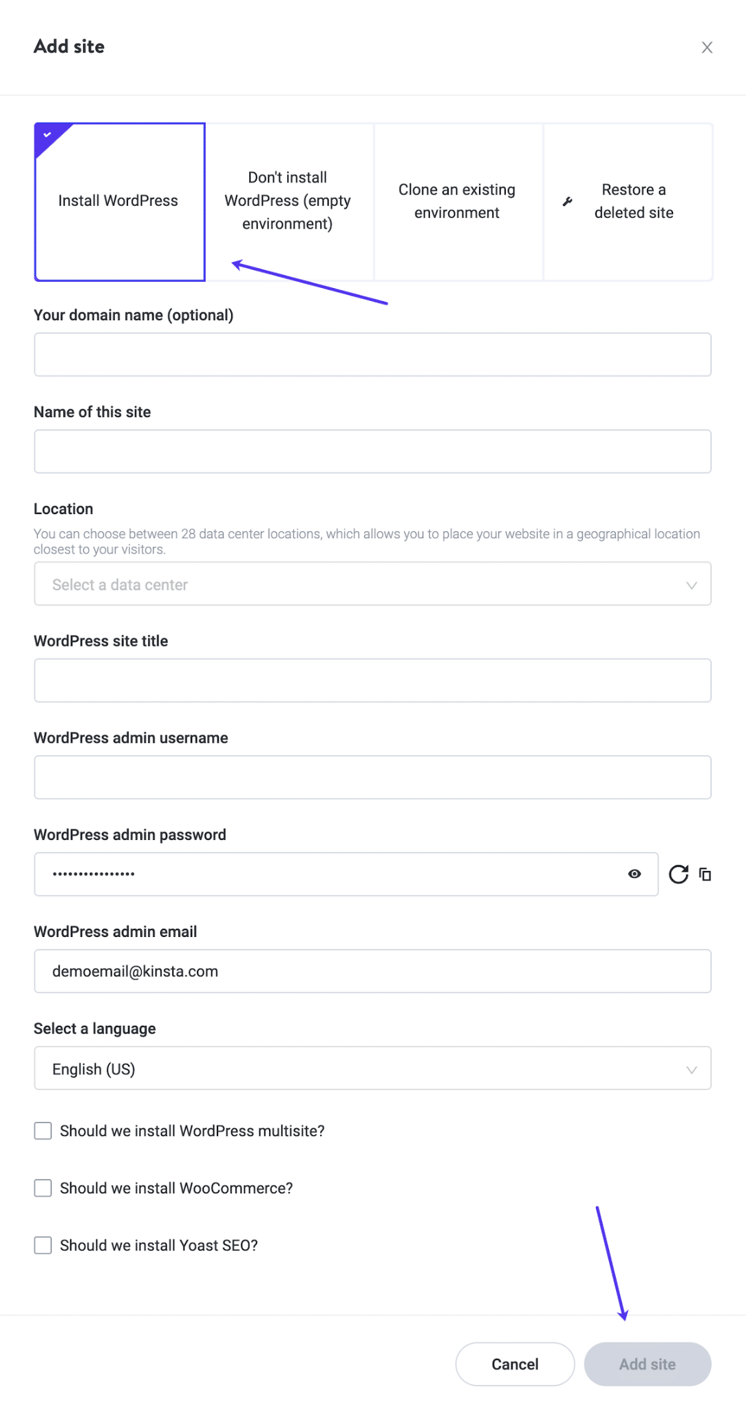 Installieren von WordPress mit der MyKinsta-Ein-Klick-Option