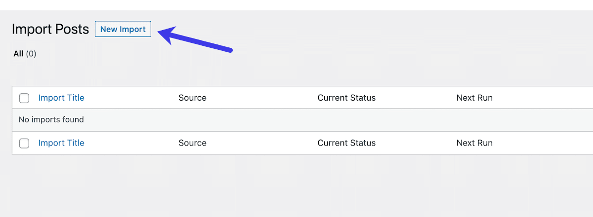 Klicken Sie auf die Schaltfläche „Neuer Import“, um mit Feedzy zu importieren