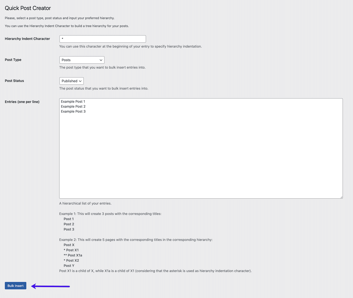Quick Bulk Post & Page Creator-Plugin-Optionen im WordPress-Dashboard