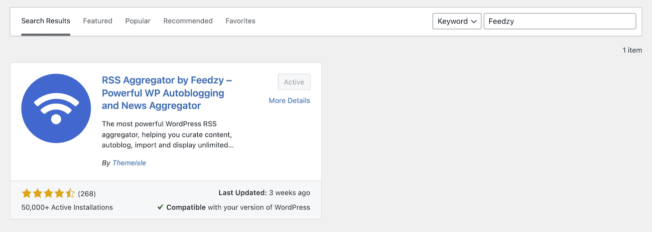 Durchsuchen Sie das Plugin-Repository nach Feedzy und installieren Sie es von dort