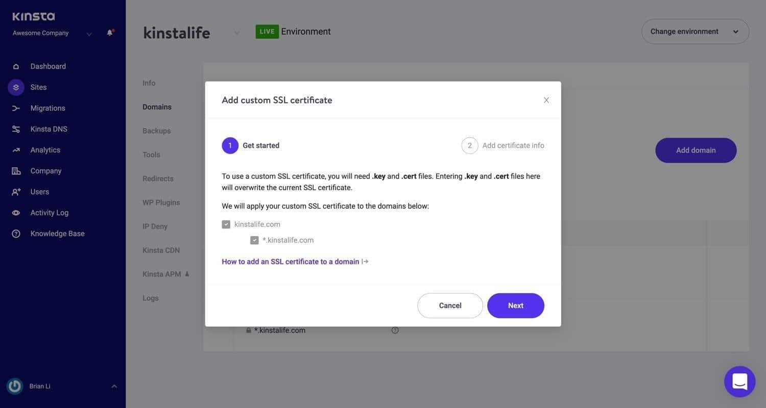 กล่องโต้ตอบการติดตั้งใบรับรอง SSL ผ่าน MyKinsta