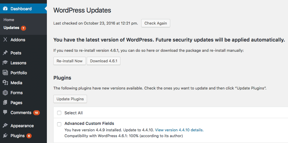 การอัปเดตไซต์ WordPress ที่รอดำเนินการตามที่เห็นในแดชบอร์ดผู้ดูแลระบบ WordPress