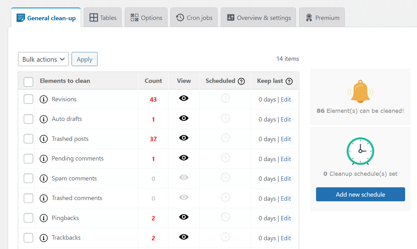 Ein Screenshot für die MySQL-Leistungsoptimierung, der das Advanced Database Cleaner-Plugin mit einer Liste von Bereinigungsoptionen für Revisionen, automatische Entwürfe, gelöschte Beiträge usw. zeigt.