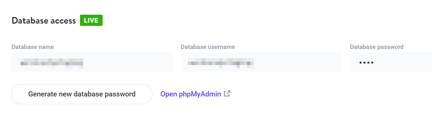 Zugriff auf phpMyAdmin über MyKinsta im Abschnitt „Datenbankzugriff“ mit einer Schaltfläche „phpMyAdmin öffnen“.
