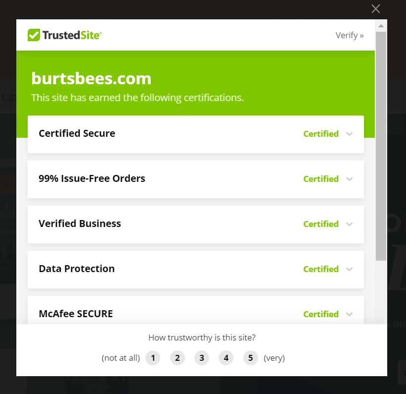BurtsBees.com'da TrustedSite tarafından desteklenen bir güven rozeti açılır penceresi örneği.