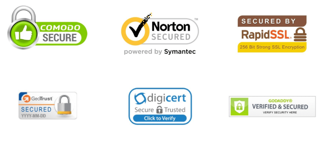 Comodo Secure ve Norton Secured dahil olmak üzere çeşitli SSL güven rozeti logoları.