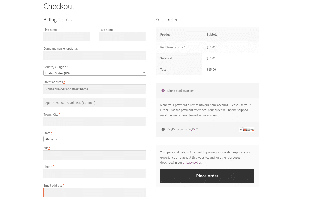 WooCommerce'in fatura ayrıntıları için bir form içeren varsayılan ödeme sayfası.