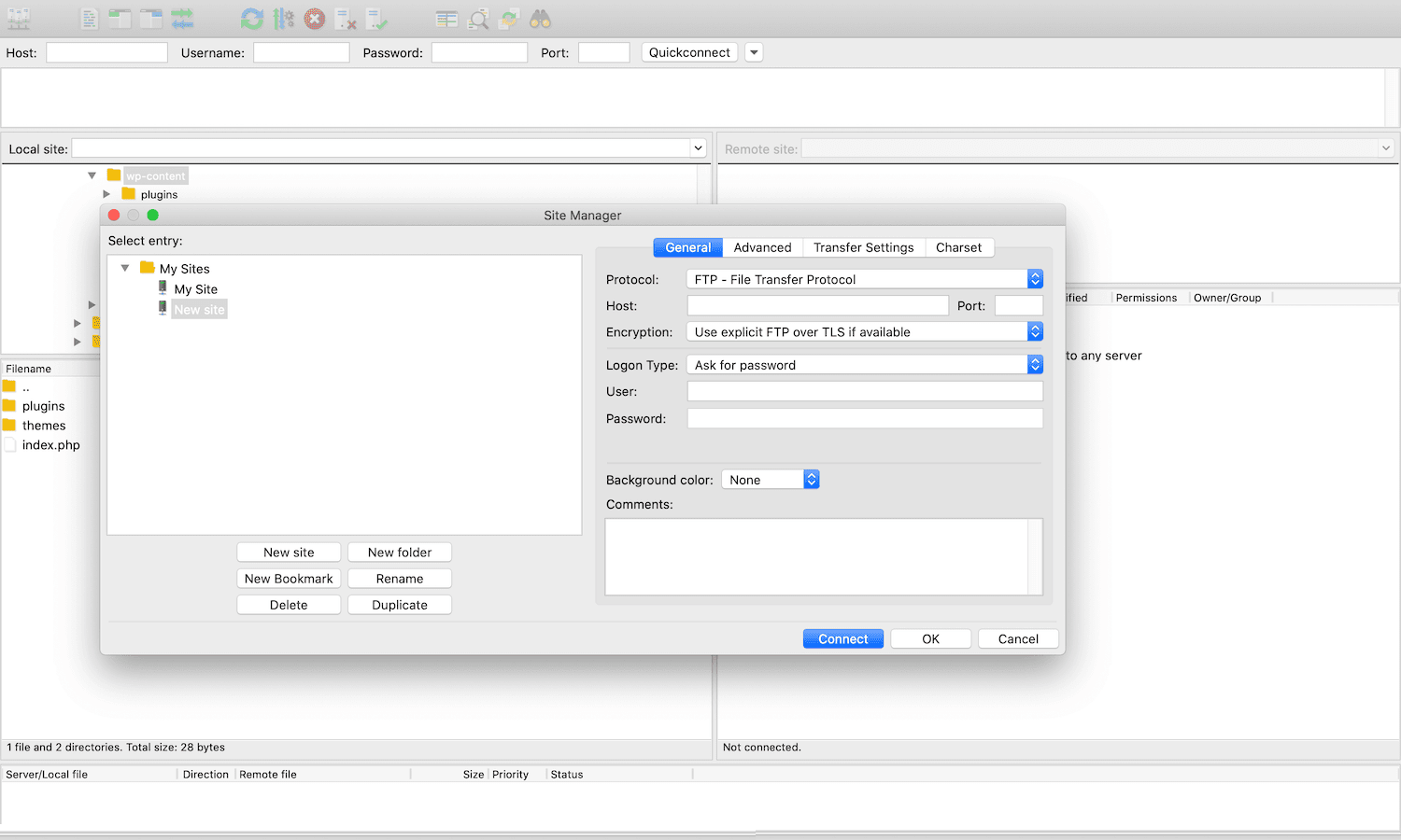 Ein Screenshot, der den FileZilla FTP-Client-Fensterdialog zum Herstellen einer Verbindung zu einem Server zeigt.