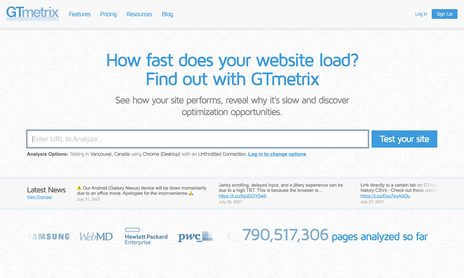 Die Homepage des GTmetrix Performance Testing Tools mit dem Text „How fast does your website load? Find out with GTmetrix“.
