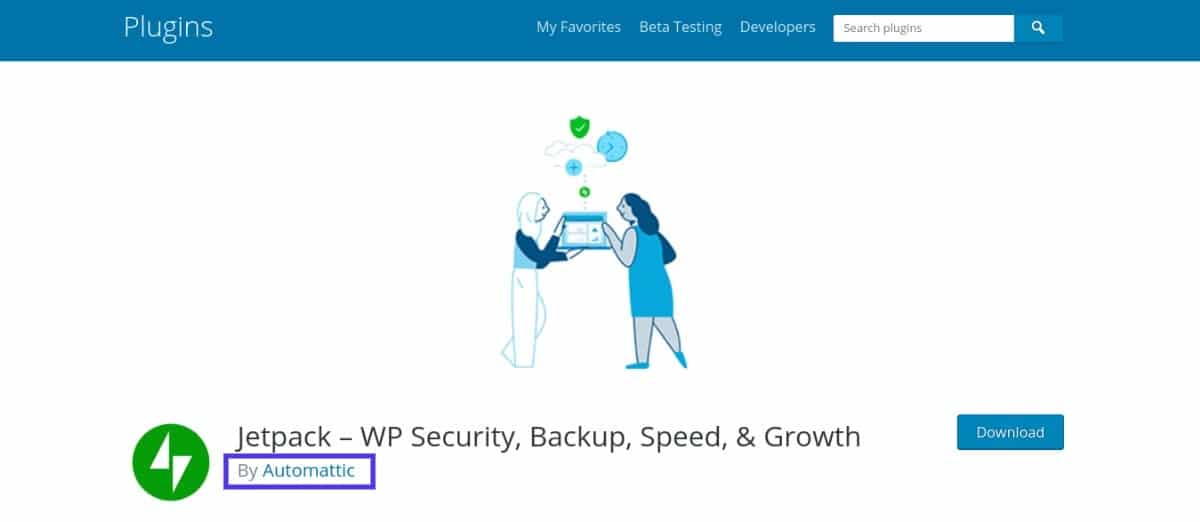 Die JetPack-Plugin-Downloadseite mit dem Text „Jetpack – WP Security, Backup, Speed, & Growth“