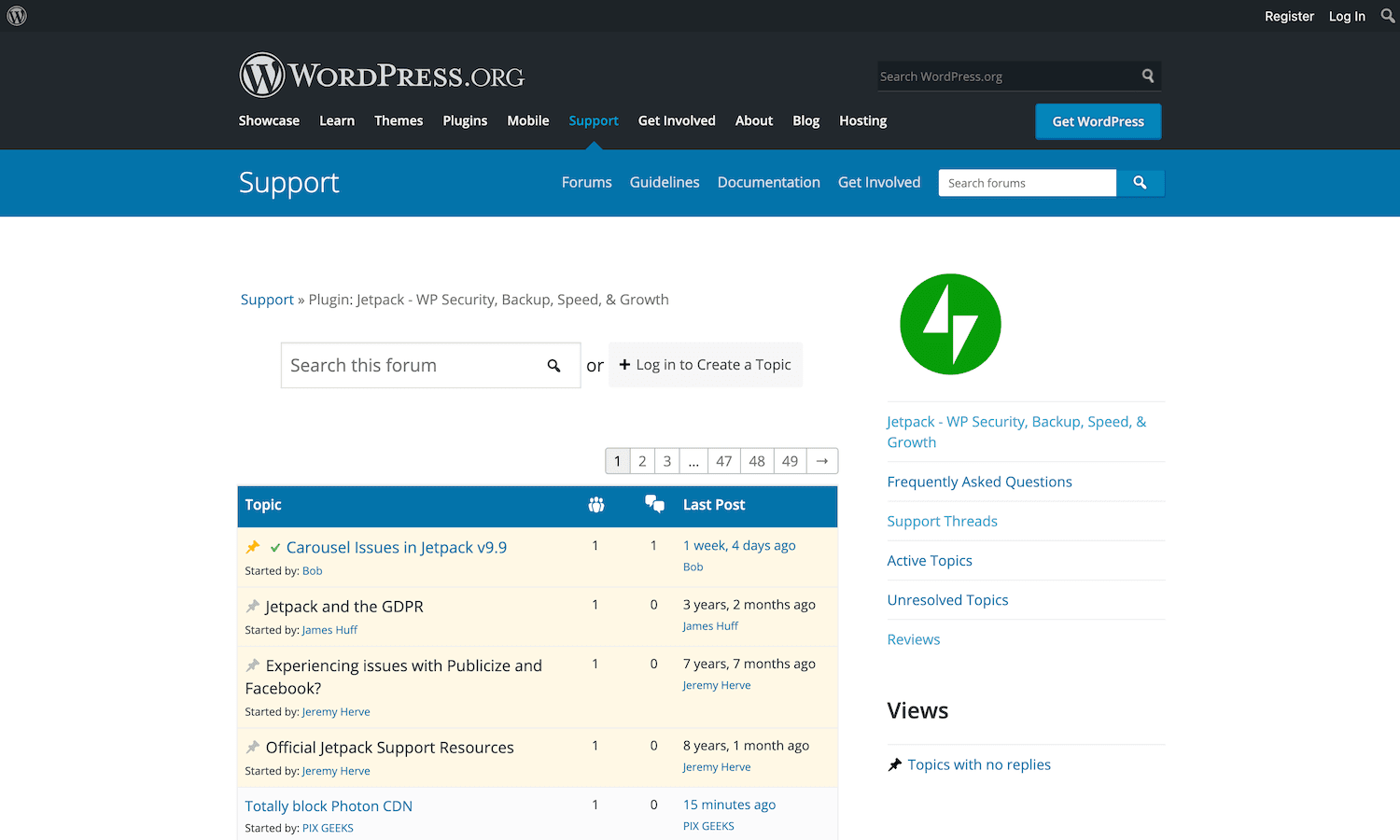 Ein Support-Tab im offiziellen WordPress-Repository.