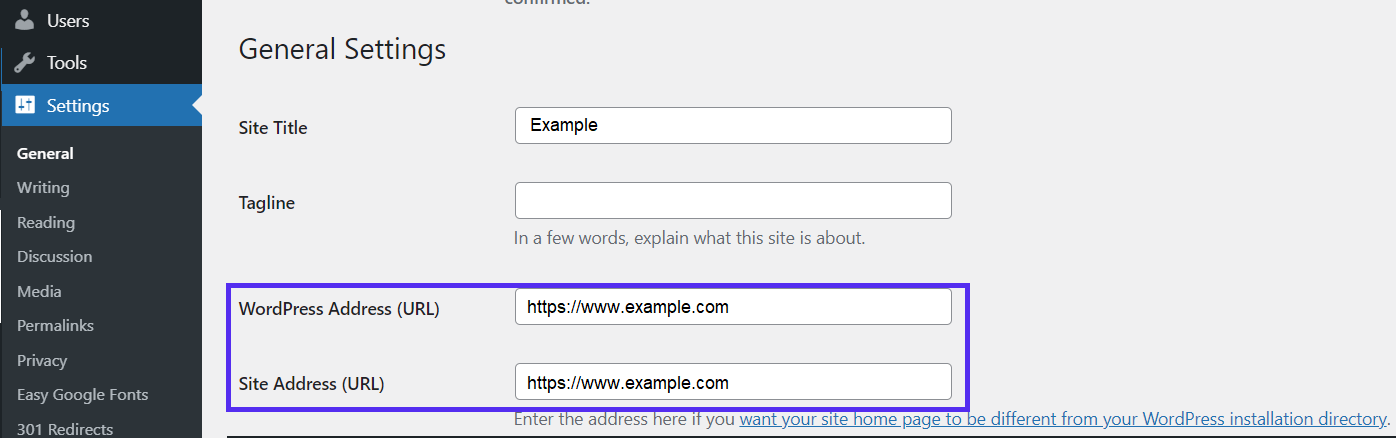 Vurgulanan Adres alanları ile WordPress'teki Genel Ayarlar sayfası.
