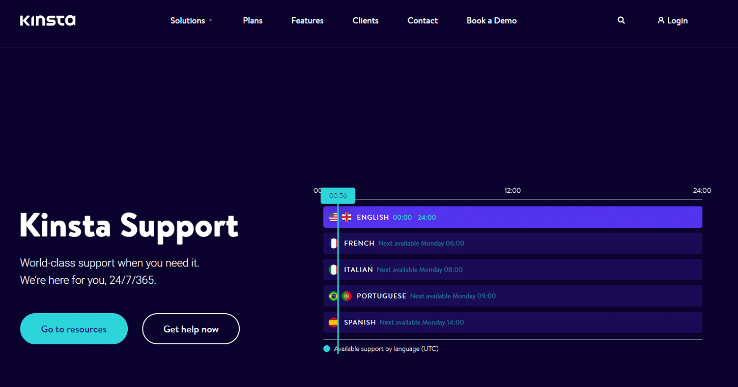 Kinsta Destek sayfasının ekran görüntüsü.