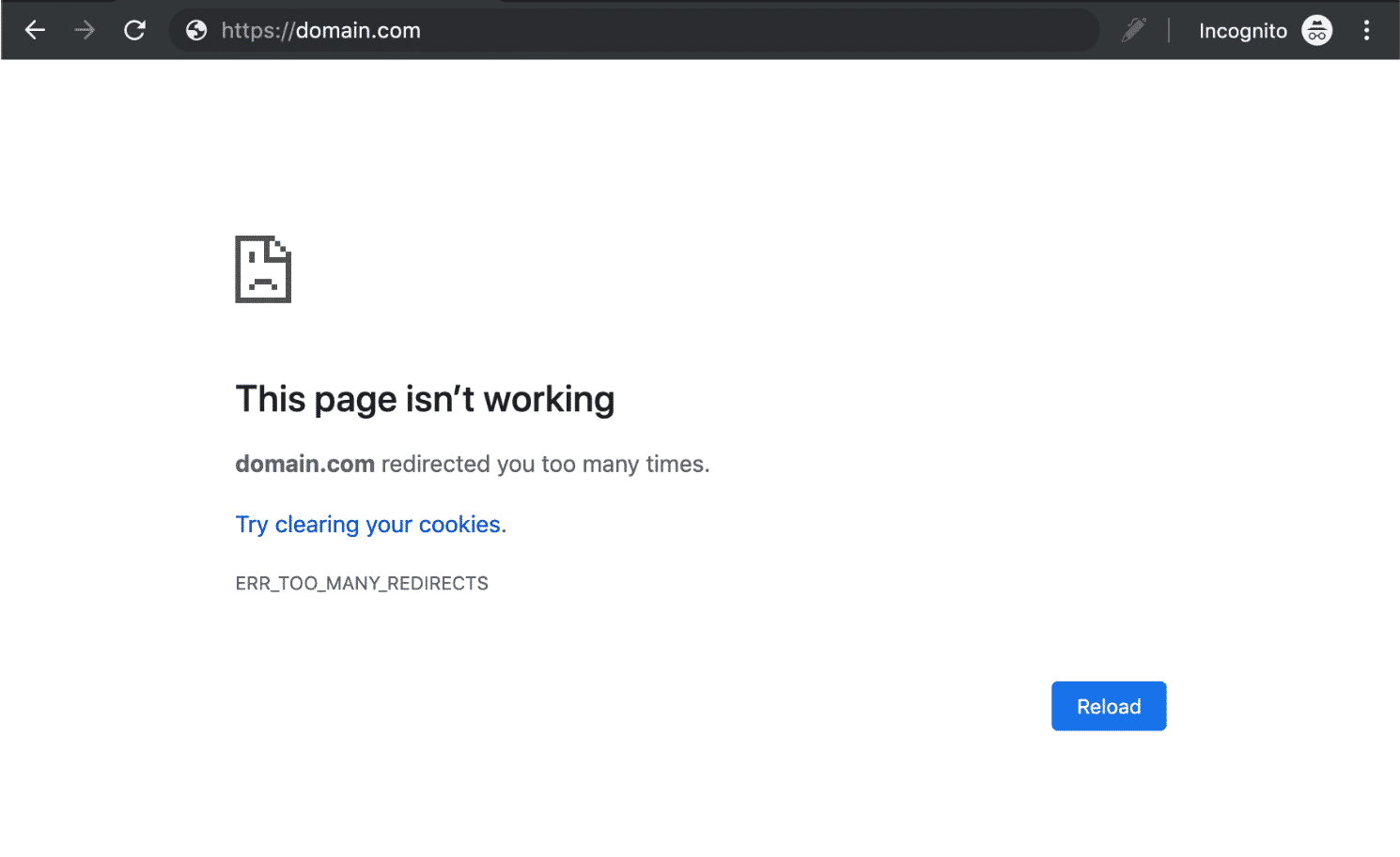 Metin içeren Chrome ERR_TOO_MANY_REDIRECTS hata mesajı